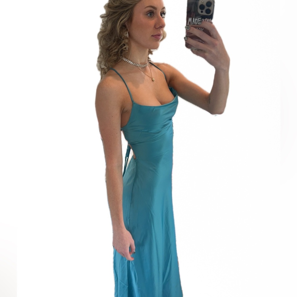 Princess Polly Aqua Blue Crisscross Spaghetti Strap Slip Dress Mini Cowl Neck